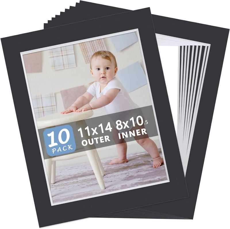 Somime 10 Pack Pre-Cut 11 x 14 Black Picture Mats for 8.5x11 Photos - White Core Bevel Cut Frame Matte, Acid Free, Ideal for Frames/Artwork/Prints - Image 1